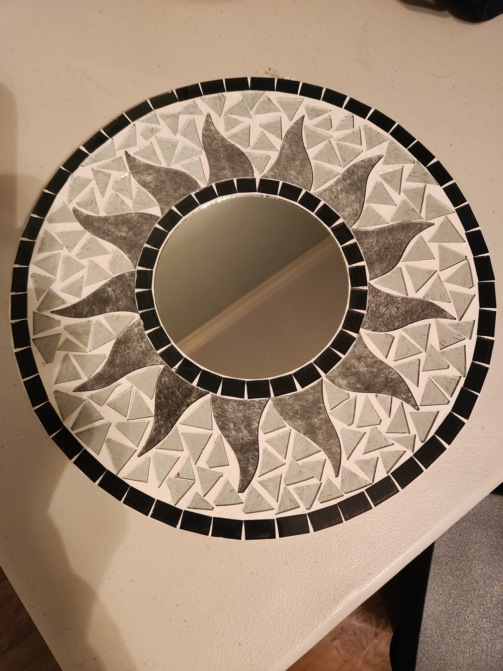 Round Mosaic Sunburst Wall Mirror - Black and White